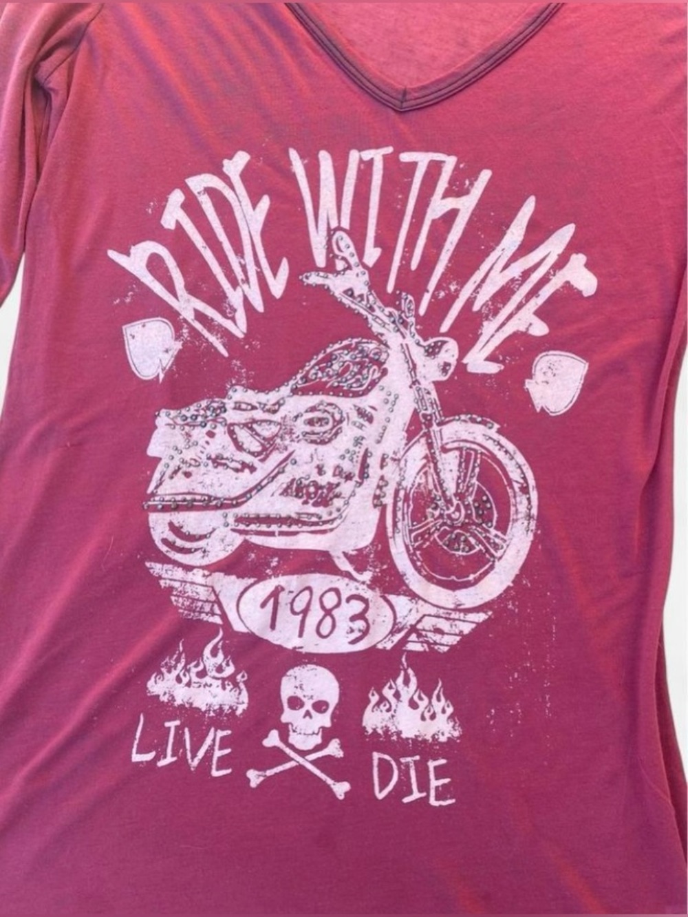 Y2k Grunge Pink & White Ride With Me Motorcycle & Skull Top with Rhinestones - Picture 3 of 4
